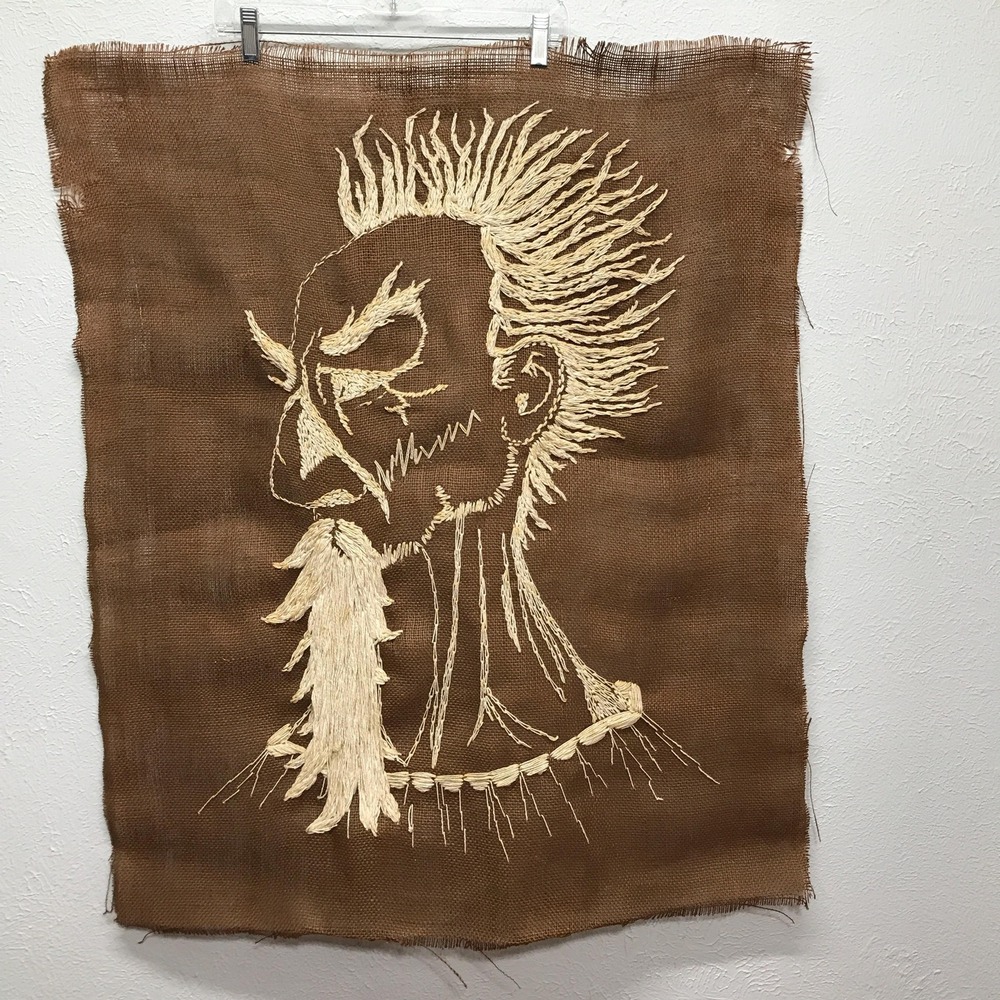 Vintage 70s‎ Burlap Yarn Wall Art Don Quixote Portrait Handmade 36' x 30"